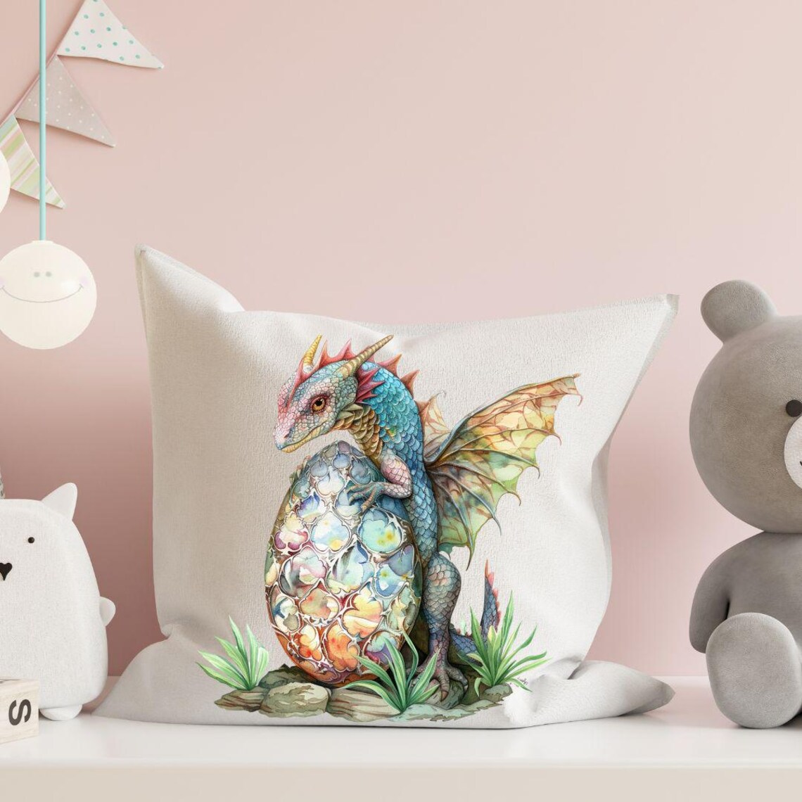 Watercolor Baby Dragon Hugging Decorated Egg Fantasy Wall Art - Image 2