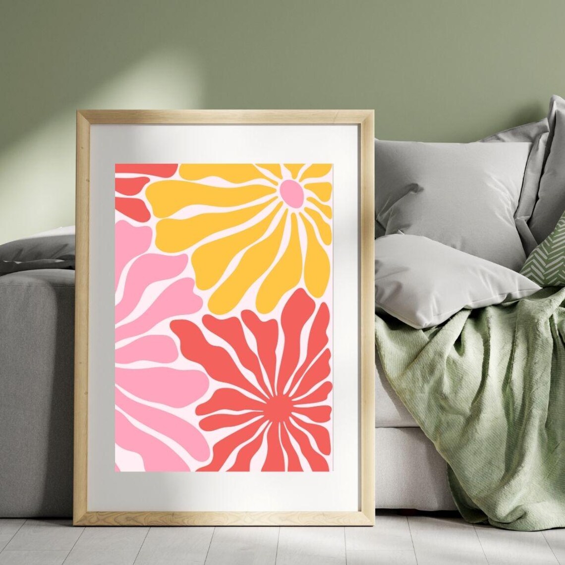 Matisse Style Bold Retro Daisies Yellow Pink Floral Art Poster - Image 3