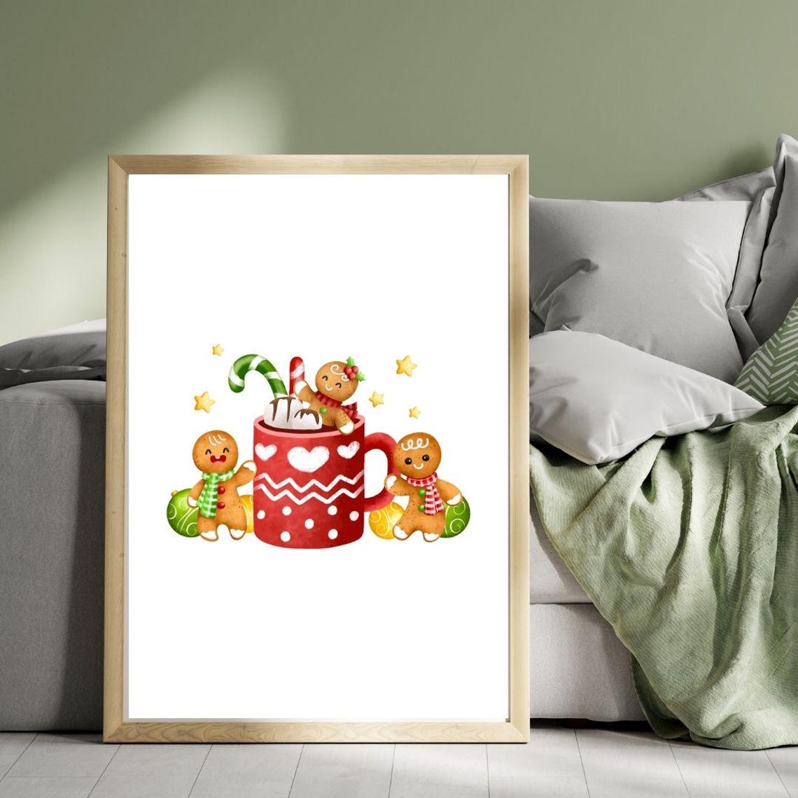 Gingerbread Men And Red Cocoa Mug Watercolor Christmas Poster - Image 3