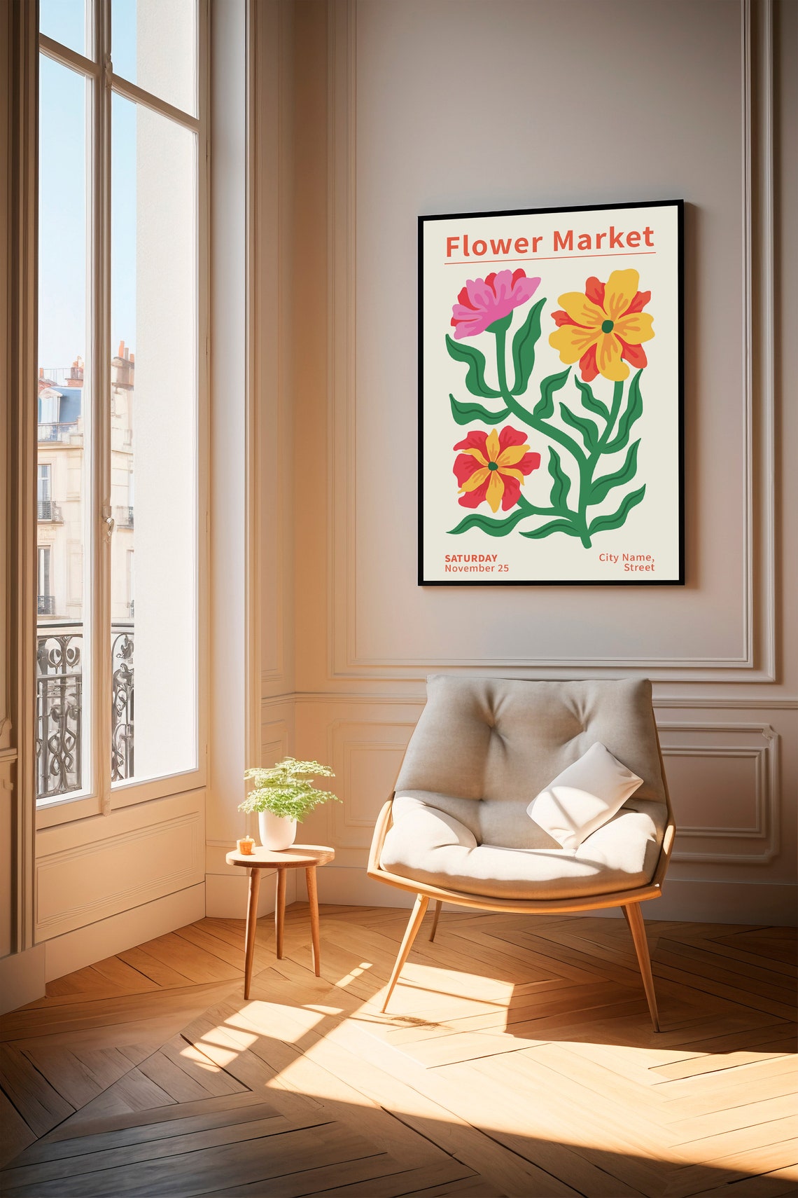Flower Market Poster with Three Bold Blooms and Green Leaves - Image 2