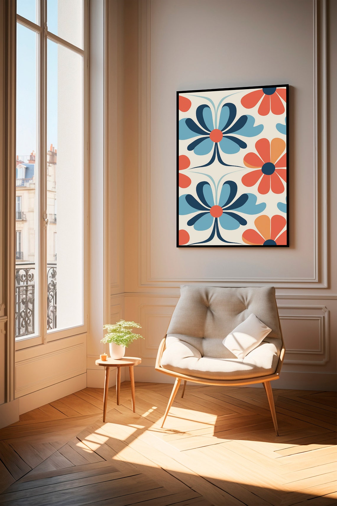 Retro Flower Pattern Blue Orange Mid Century Botanical Poster - Image 2