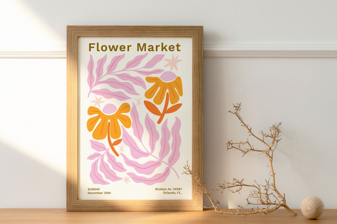 Flower Market Retro Botanical Event Poster Pink Orange Blooms - Image 2