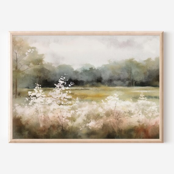 White Wildflower Meadow Watercolor Soft Sage Green Farmhouse Poster