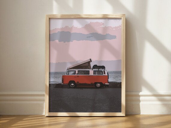 Retro Red VW Camper Van Surfer Beach Sunset Watercolor Poster