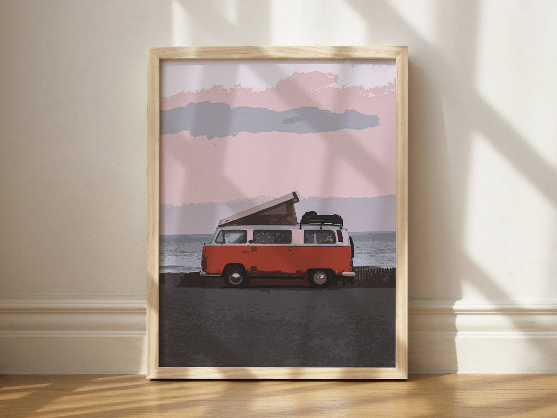 Retro Red VW Camper Van Surfer Beach Sunset Watercolor Poster