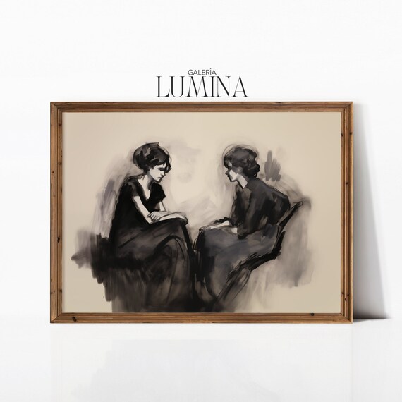 Two Seated Women Expressive Ink Wash Figurative Brushwork Portrait Poster