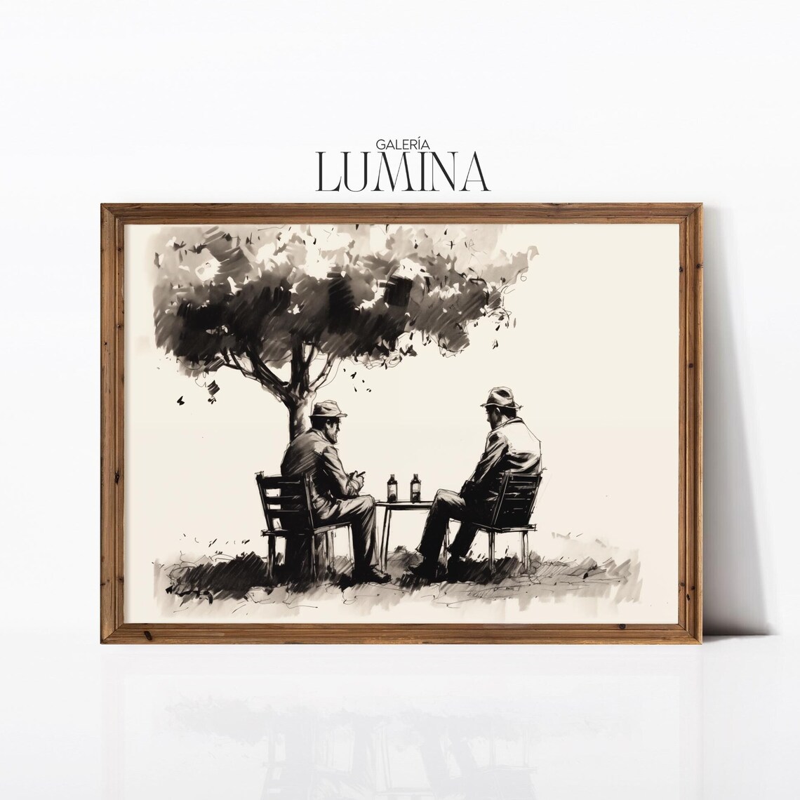 Two Old Friends Under a Tree Ink Sketch Friendship Drawing Poster