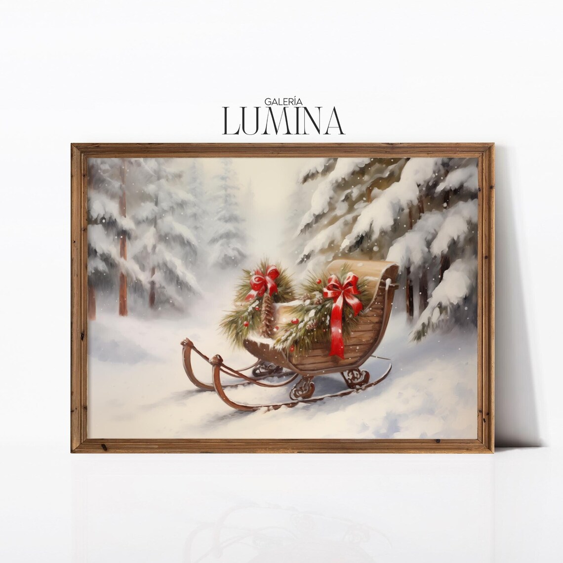 Wooden Sleigh With Pine Garlands and Red Bows in Falling Snow Poster