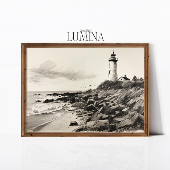 Lighthouse Charcoal Sketch, Vintage Nautical Art Print