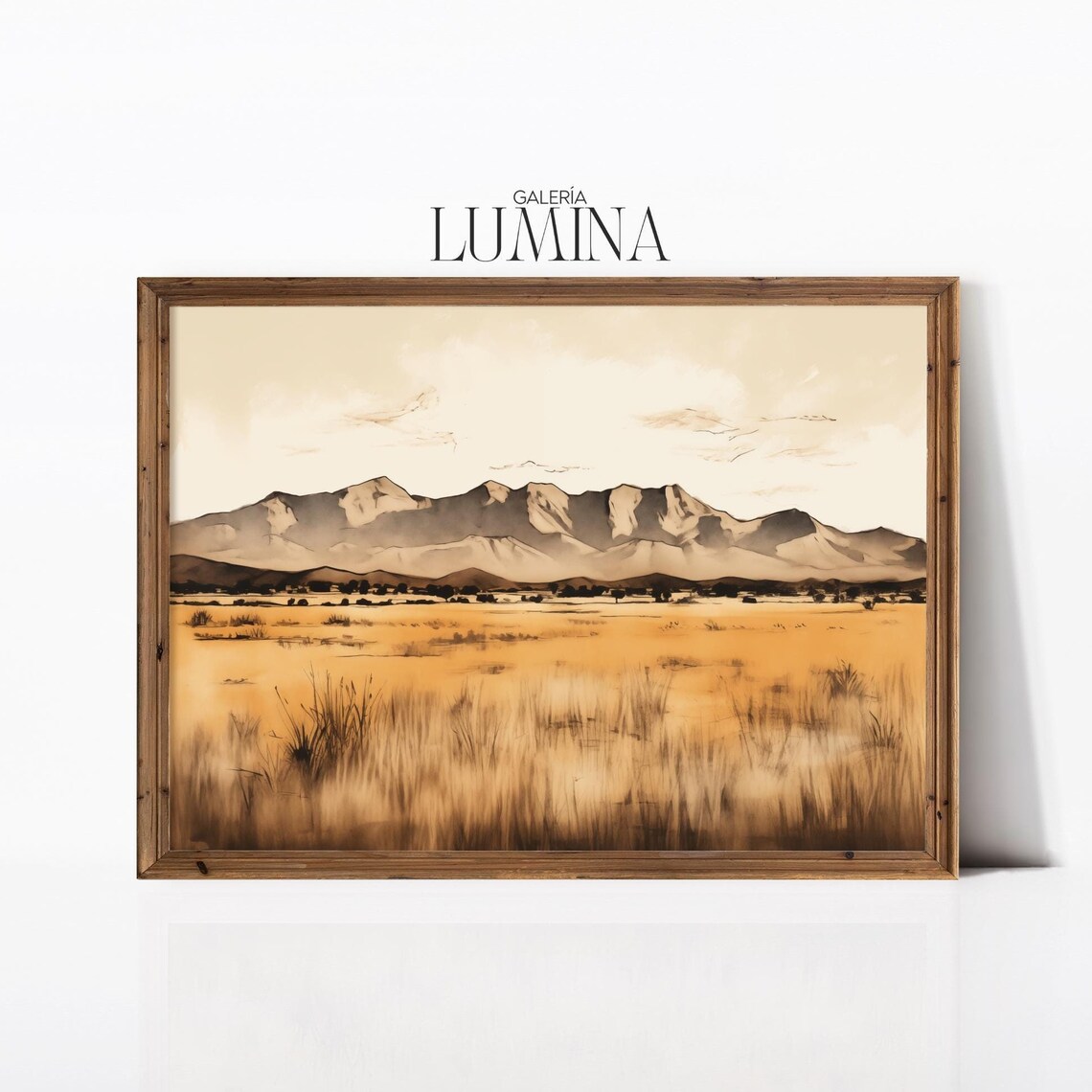 Desert Mountain Range Golden Grass Ink Wash Landscape Poster