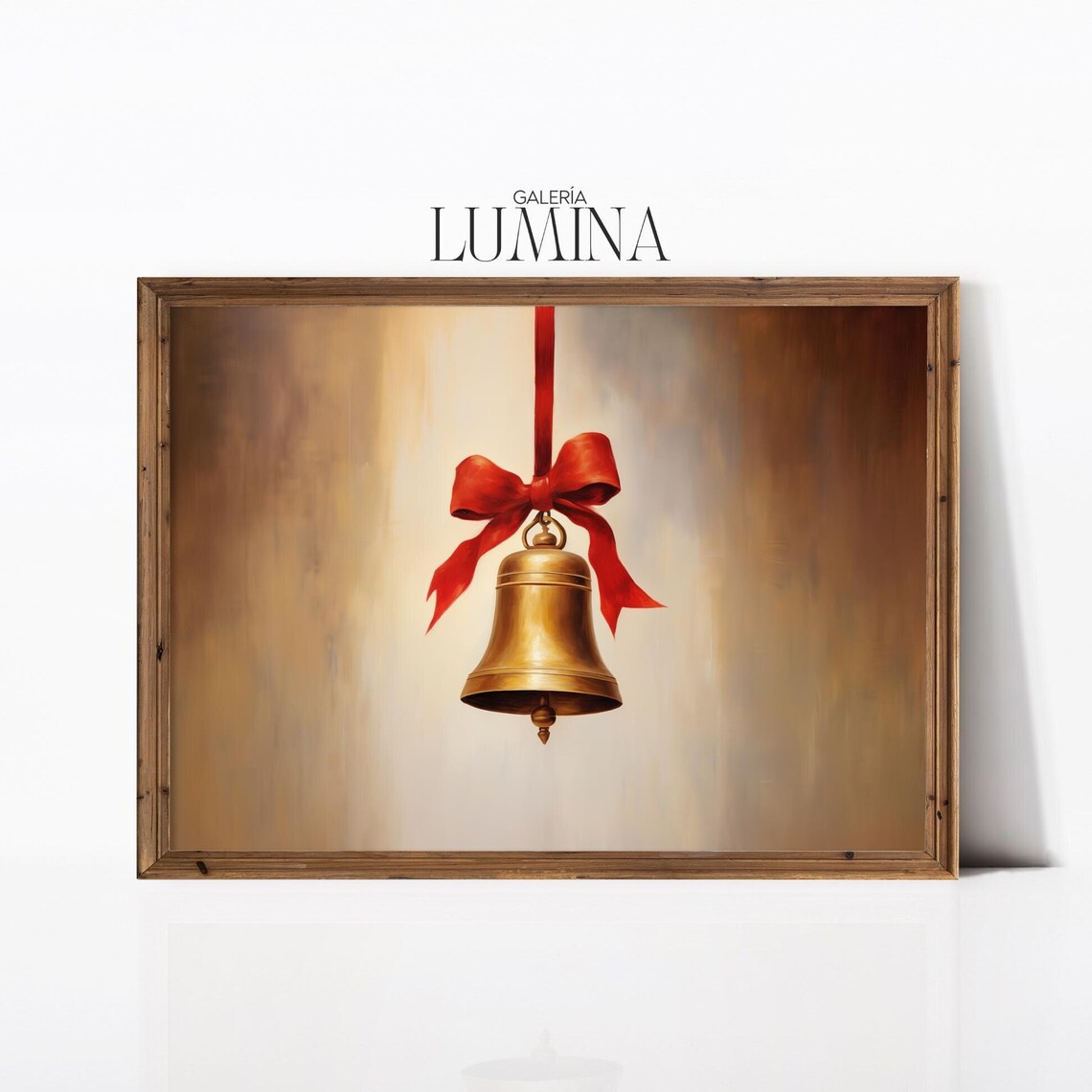 Golden Christmas Bell Hanging From a Red Ribbon Vintage Holiday Poster