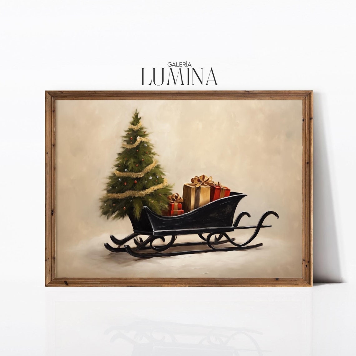 Black Sleigh With Christmas Tree and Gifts on Beige Vintage Poster