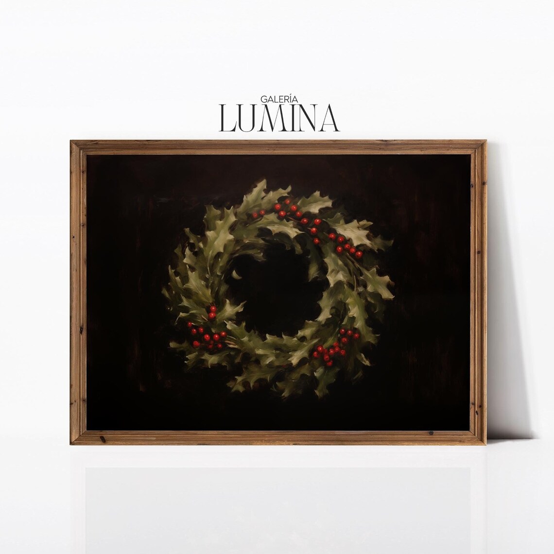 Dark Christmas Holly Wreath with Red Berries on Black Poster