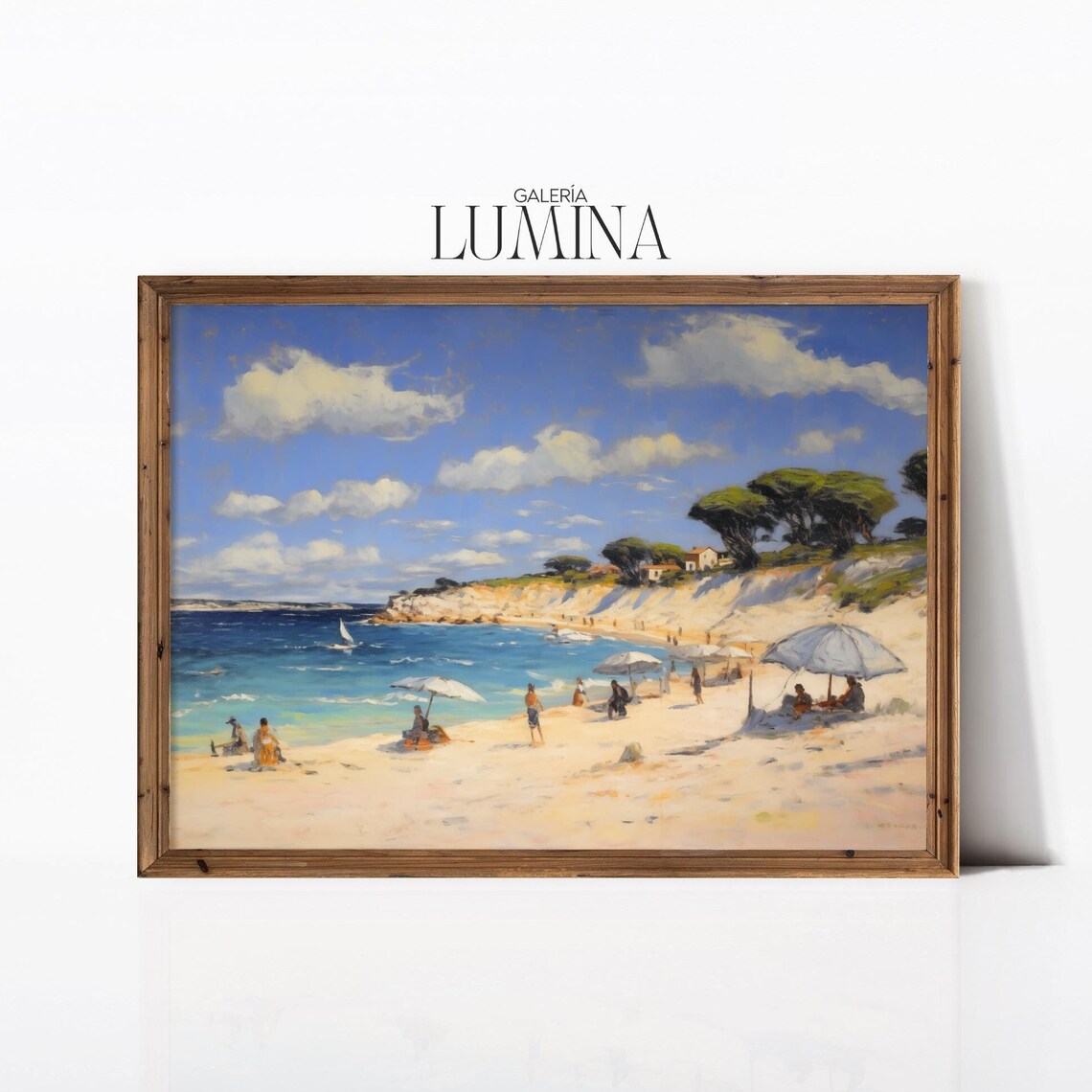 Sunny Beach Umbrellas Sailboats Cliffs Impressionist Coast Poster