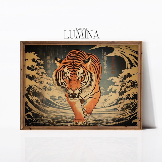 Japanese Tiger In Waves Ukiyo E Inspired Retro Vintage Woodblock Poster