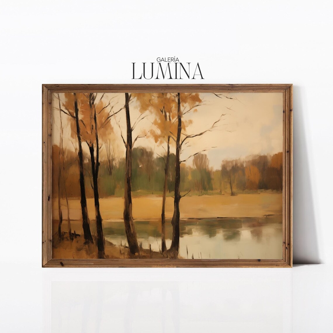 Bare Autumn Trees by a Misty River Vintage Lakeside Landscape Poster