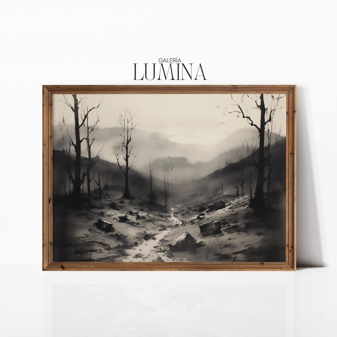 Dark Misty Wilderness with Bare Trees Sumi Ink Landscape Poster