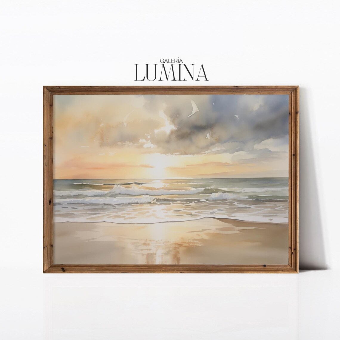 Beach Sunrise Ocean Waves Golden Morning Light Watercolor Poster