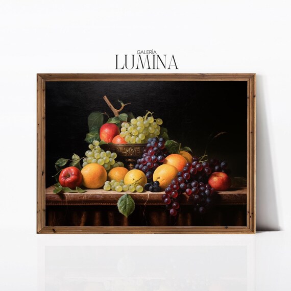 Antique Fruit Still Life Oil Painting Thanksgiving Harvest Kitchen Shelf Art Rustic Fruit Bowl Print Art Frame Tv Art 693