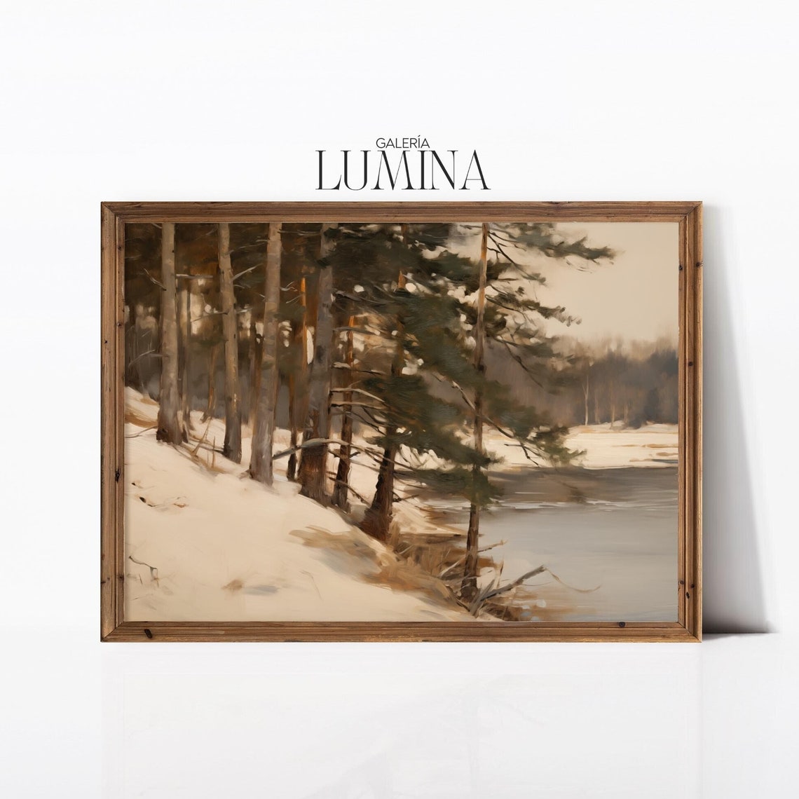 Winter Pine Trees By River Oil Painting Rustic Snowy Landscape Print Vintage Forest Scene Wall Art Art Frame Tv Art 714