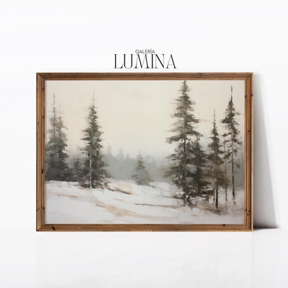 Muted Pine Trees Oil Painting Vintage Snow Covered Pine Tree Painting Minimalist Forest Landscape Art Art Frame Tv Art 772