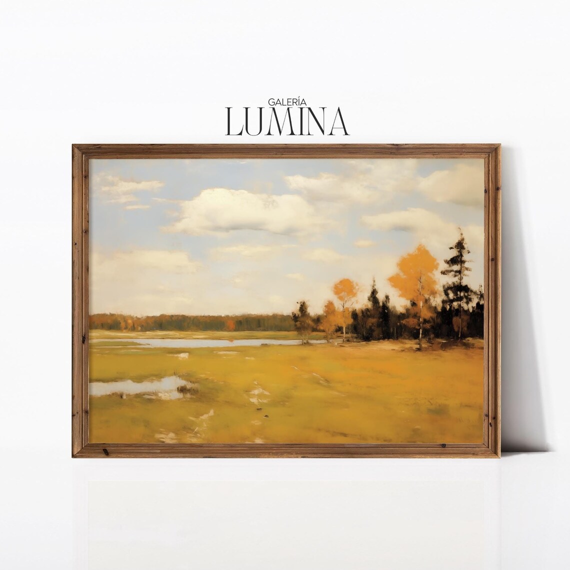 Minimalist Autumn Marsh Meadow Golden Field And Pond Oil Poster