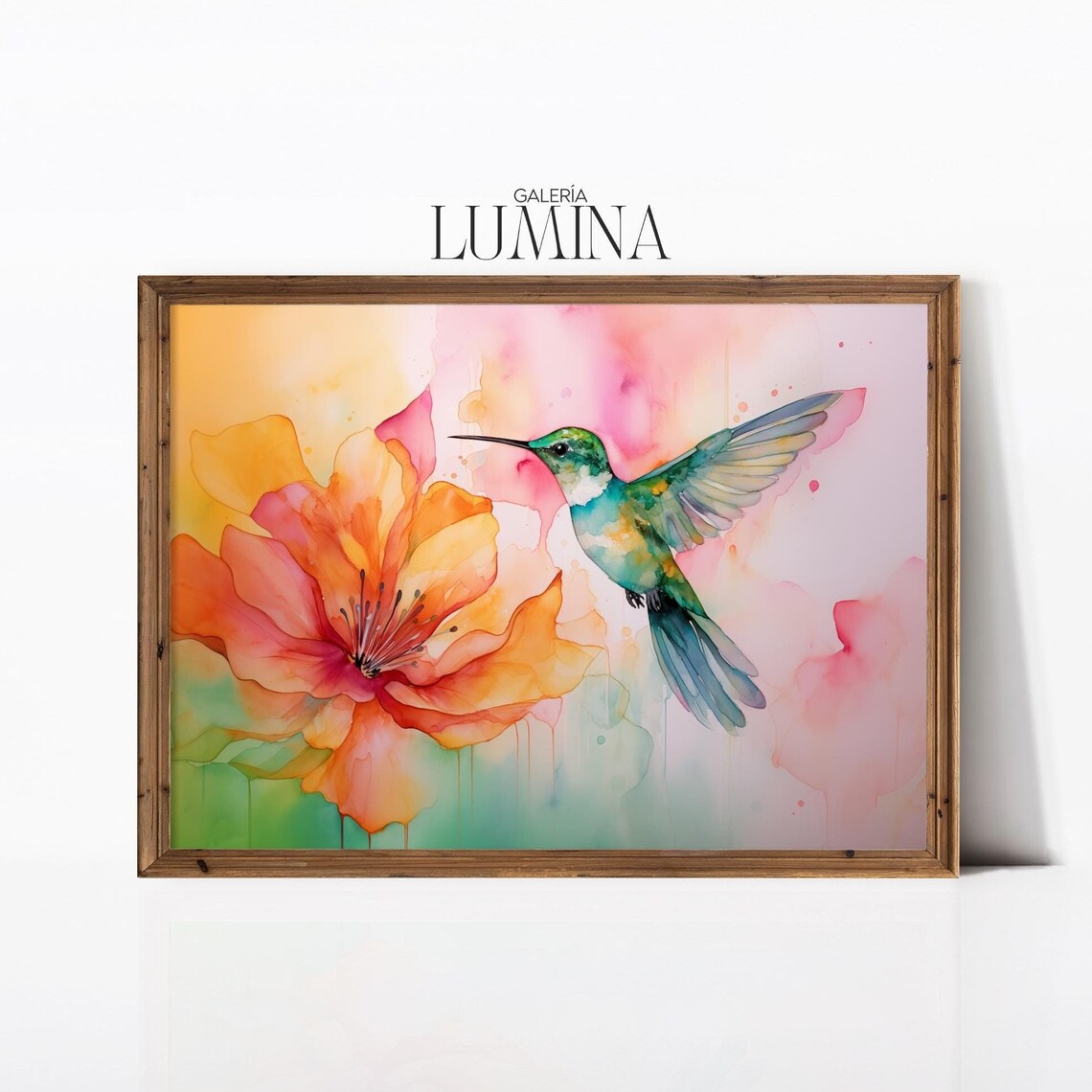 Colorful Hummingbird and Hibiscus Watercolor Painting Poster