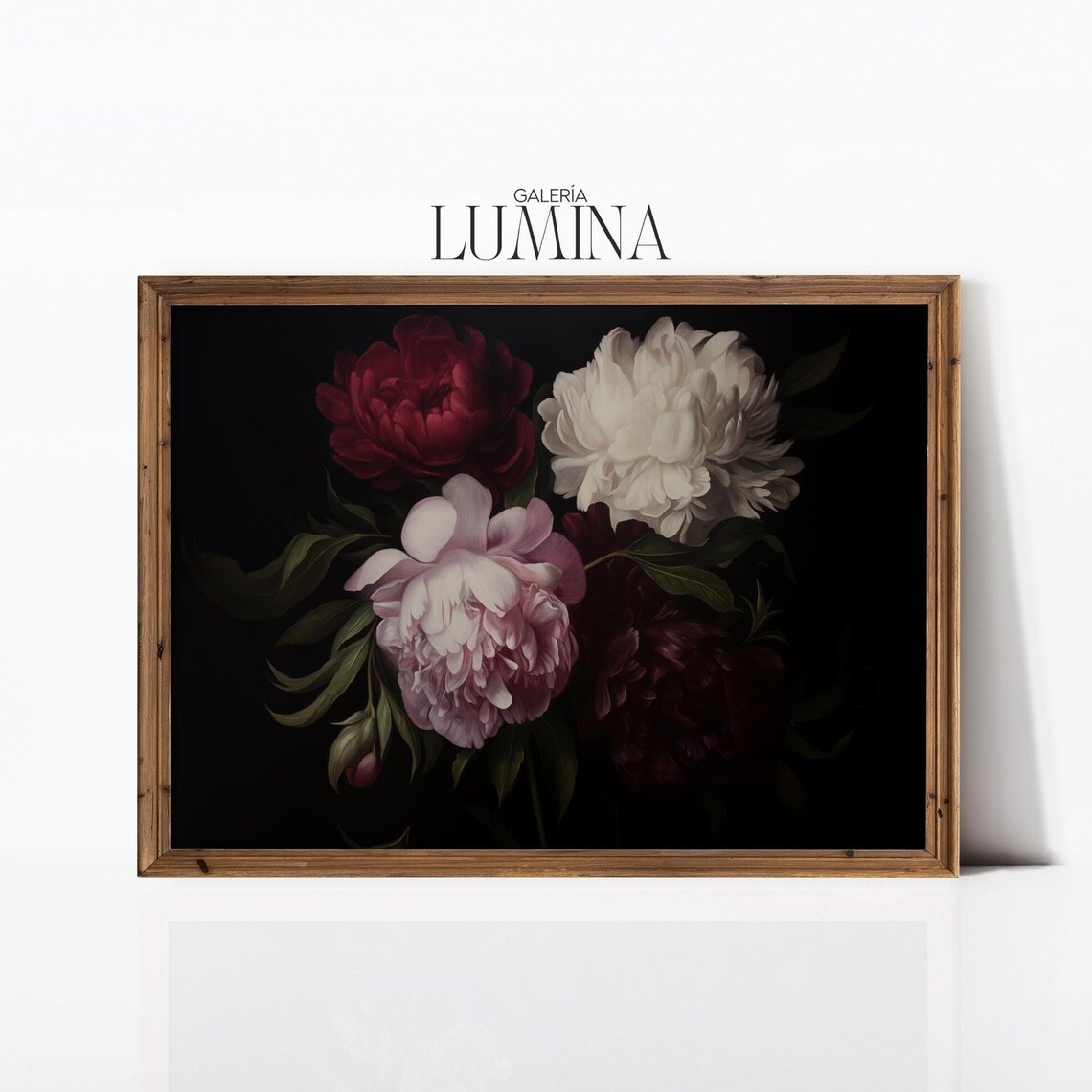 Dark Moody Peony Flowers on Black Velvet Oil Painting Art Poster