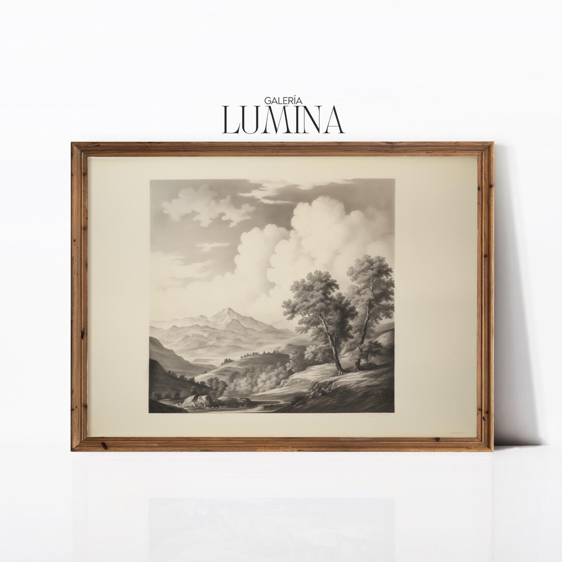 Sepia Mountain Valley Clouds Pencil Sketch Vintage Landscape Poster