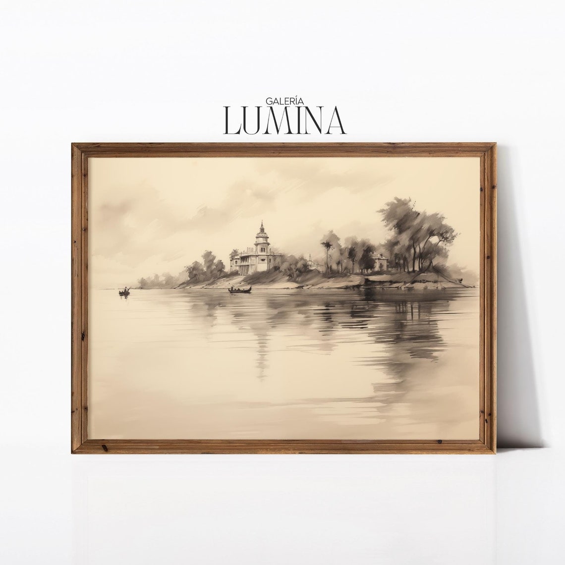 Indian Landscape Sketch Drawing Traditional Scenic Artwork Rustic Indian River Landscape Drawing Art Frame Tv Art 856