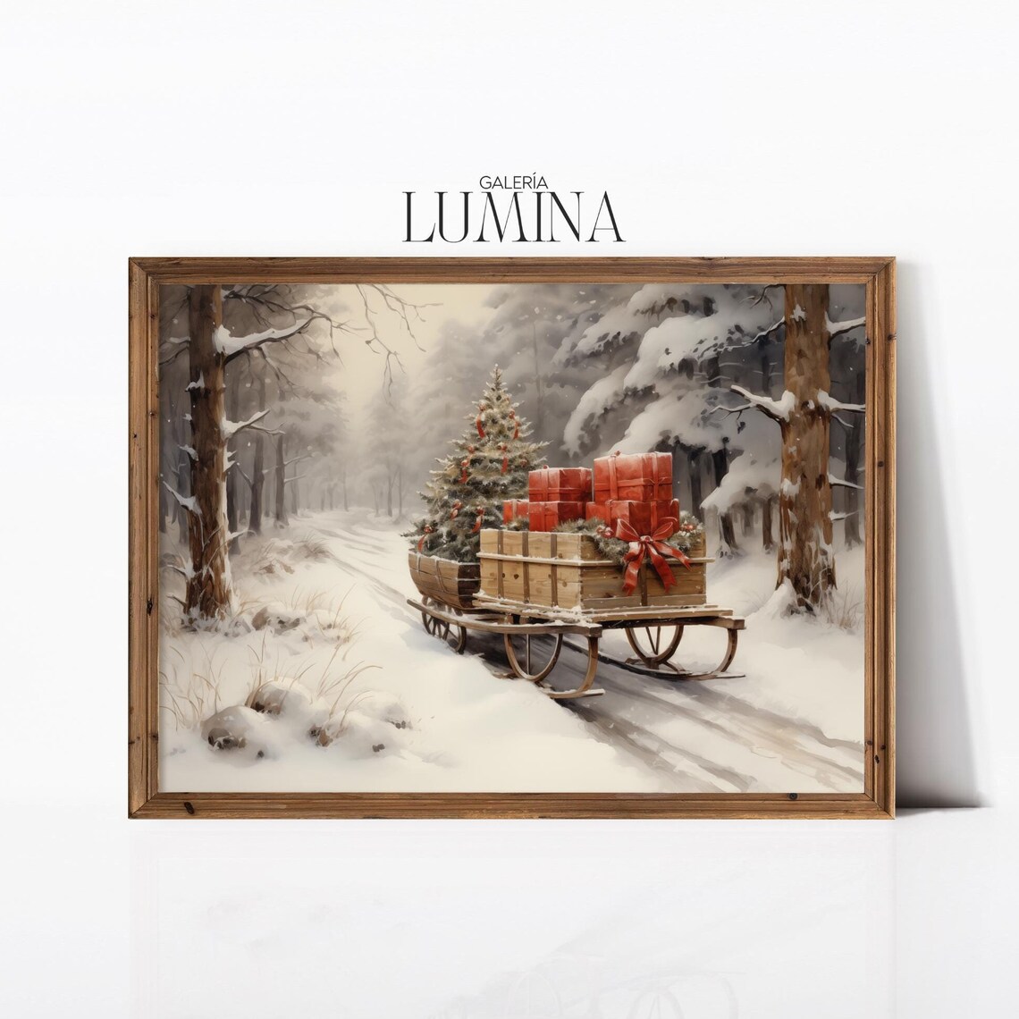 Wooden Sled with Christmas Tree and Gifts Snowy Forest Poster