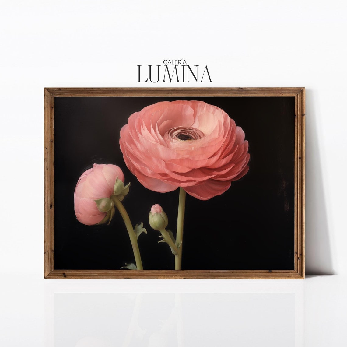 Pink Ranunculus Original Oil Painting Dark Background Moody Floral Art Antique Pink Flower Painting Art Frame Tv Art 674