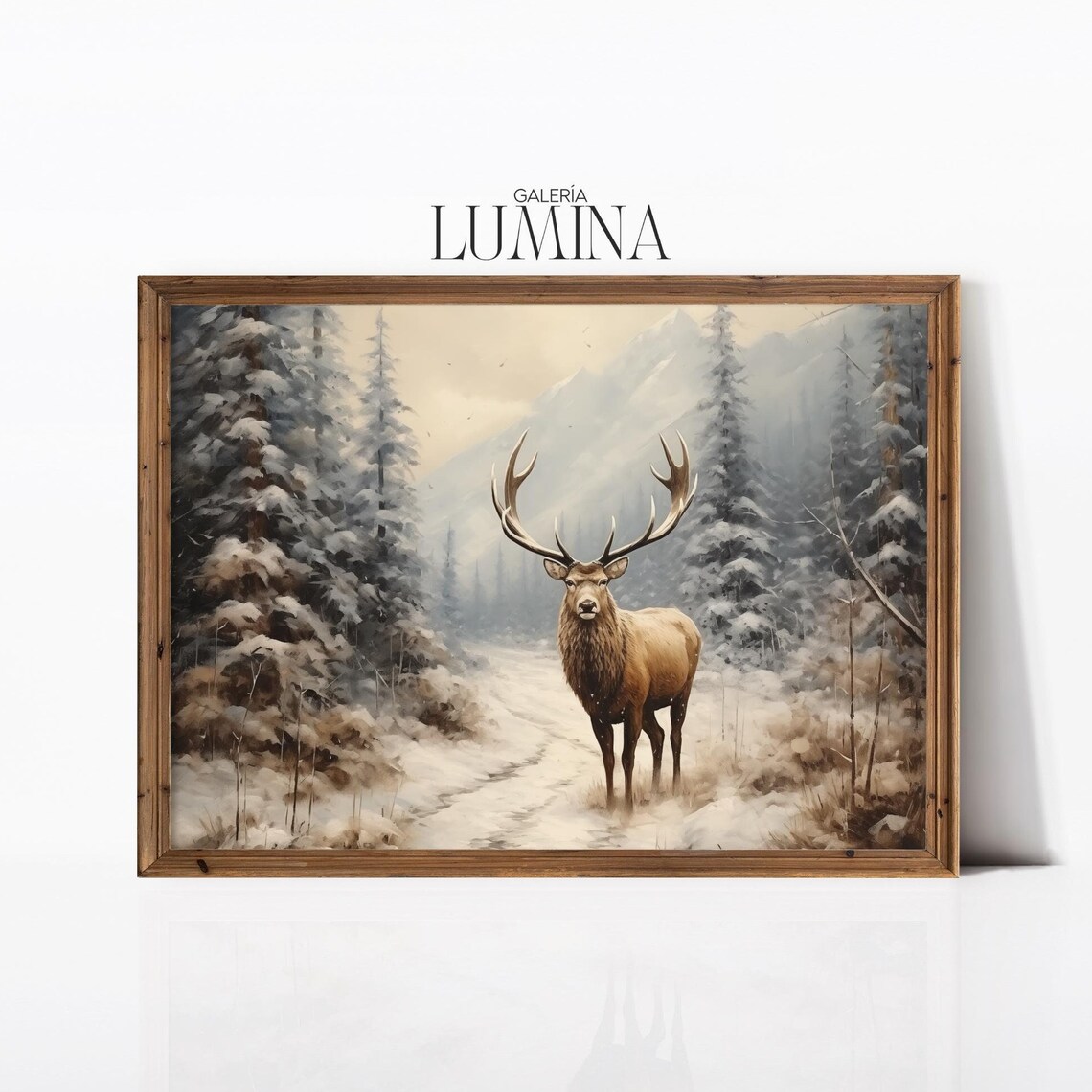 Vintage Winter Elk Oil Painting, Rustic Art Print
