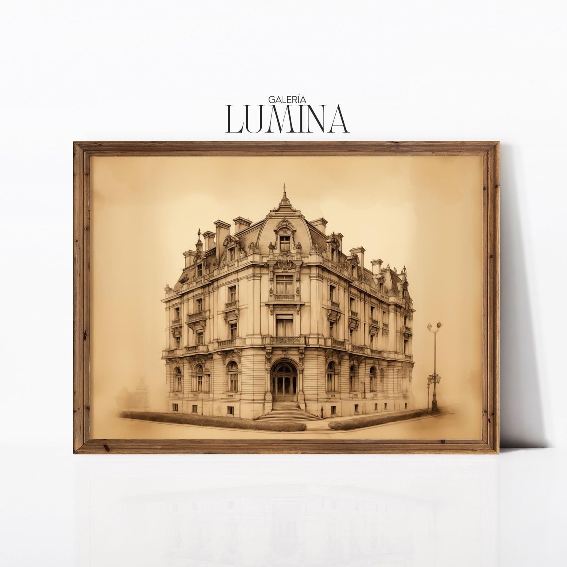 Ornate European Corner Building Sepia Vintage Drawing Poster