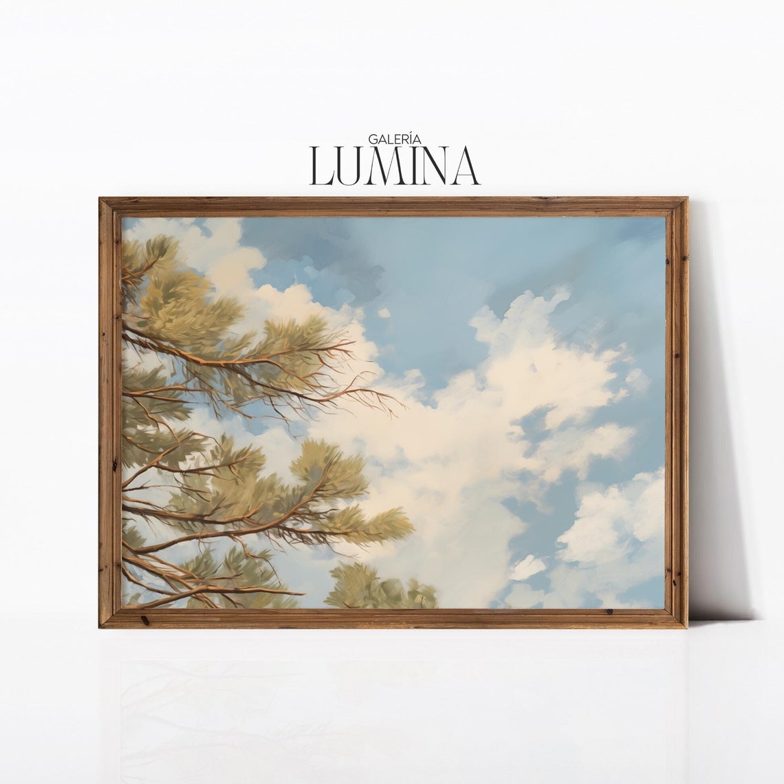 Pine Tree Tops Close Up Still Life Painting Minimalist Cloudy Sky Painting Tree Branches Oil Painting Art Frame Tv Art 582