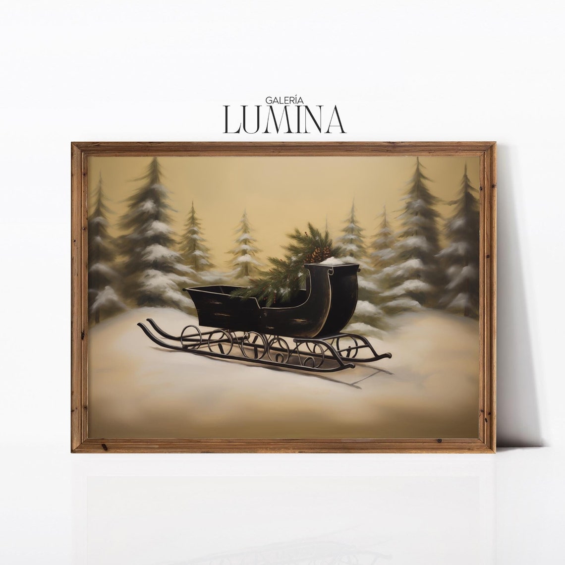 Black Sleigh Filled With Pine Branches in a Snowy Winter Forest Poster