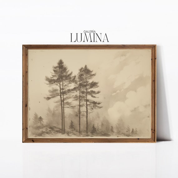 Pine Tree Lithographic Drawing Pine Tree Sketch Drawing Vintage Rustic Tree Sketch Neutral Tree Print Art Frame Tv Art 520