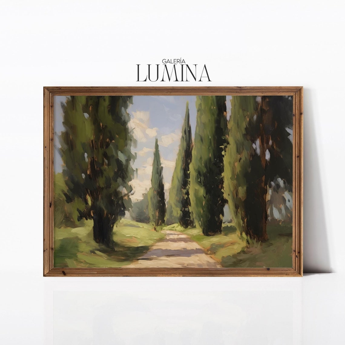 English Countryside Cypress Trees Oil Painting Garden Path Landscape Painting Rustic Nature Scene Art Art Frame Tv Art 681