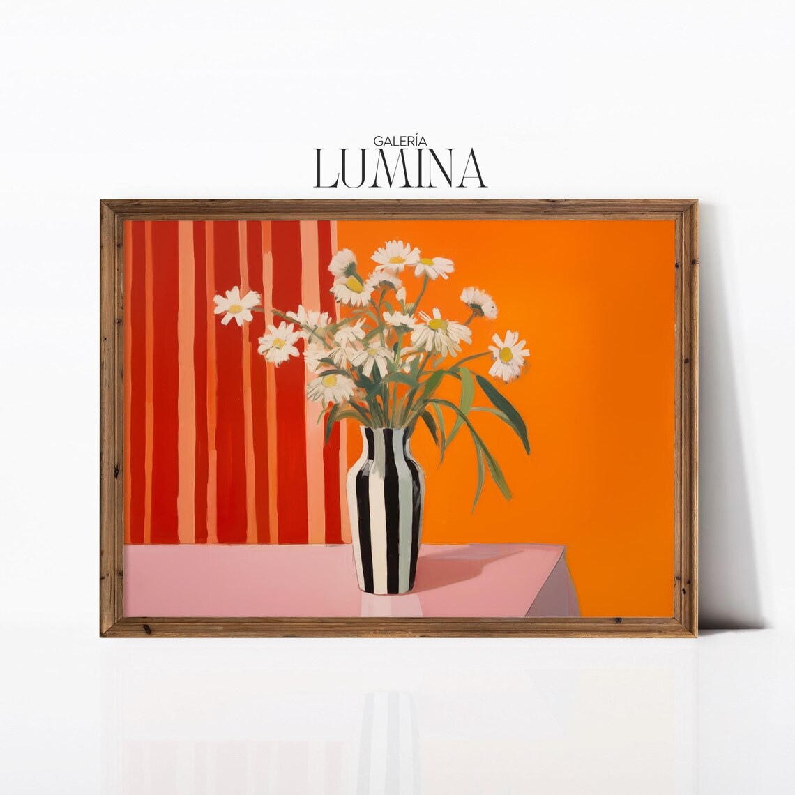 White Daisies in Striped Vase Bold Orange Floral Still Life Art Poster