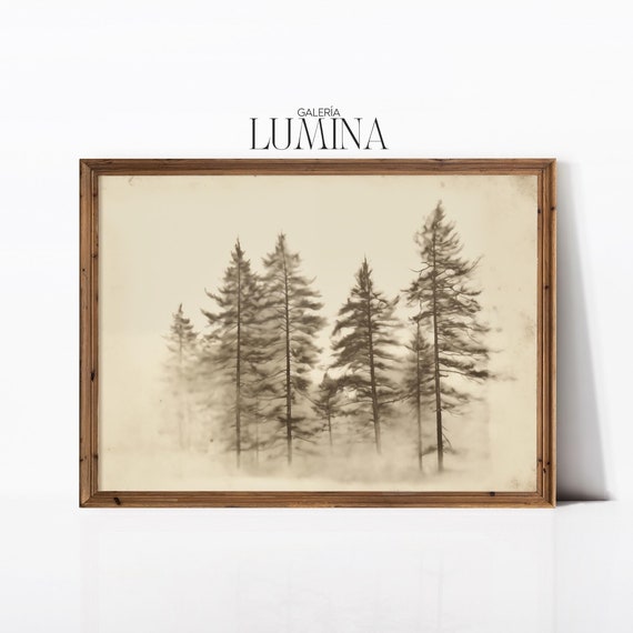 Vintage Pine Tree Etching, Rustic Neutral Art Print