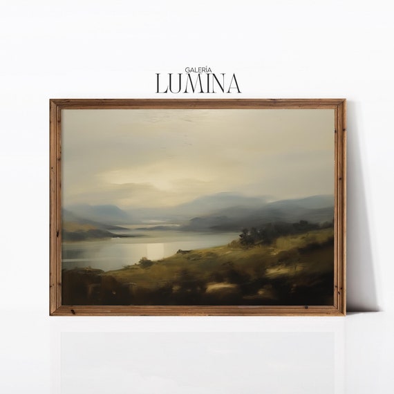 Lake Landscape Oil Painting Antique Rustic Mountain Painting Abstract Muted Colors Landscape Painting Art Frame Tv Art 572