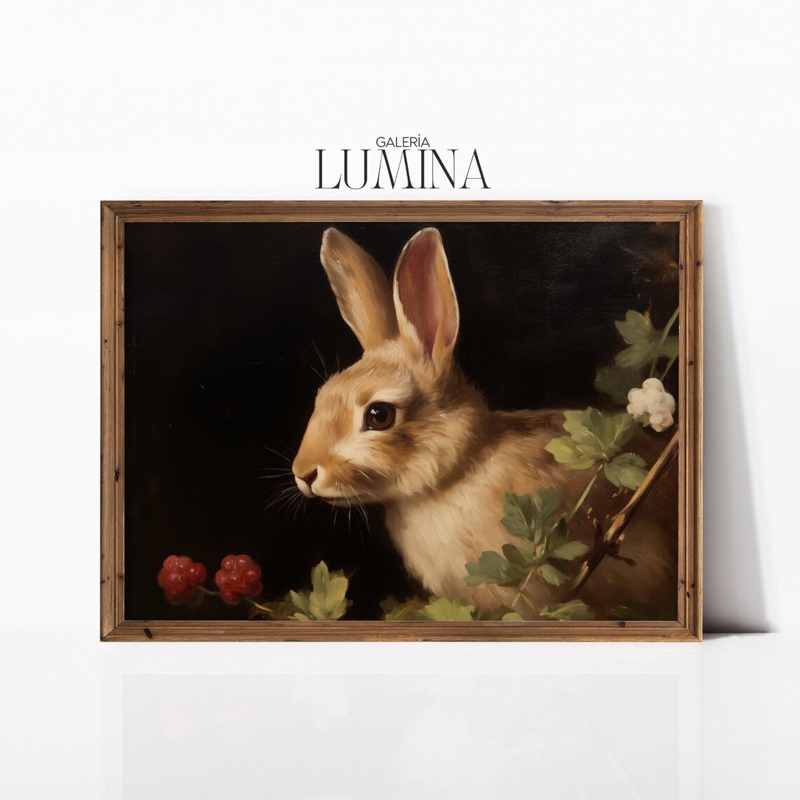 Brown Bunny Rabbit with Berries Dark Vintage Oil Painting Poster