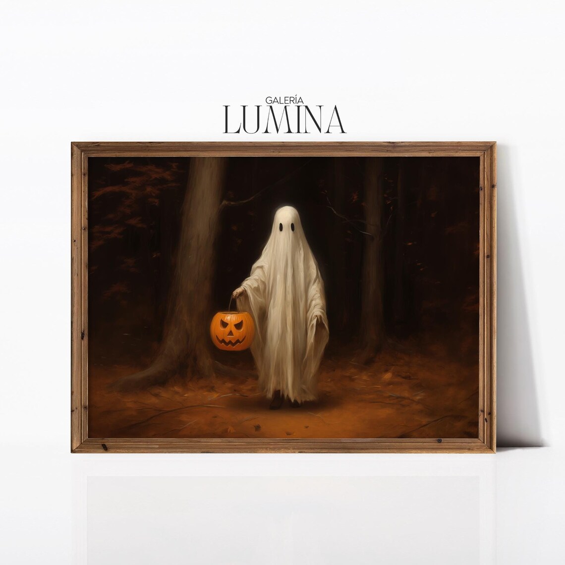 Ghost with Pumpkin Bucket Dark Forest Halloween Painting Poster