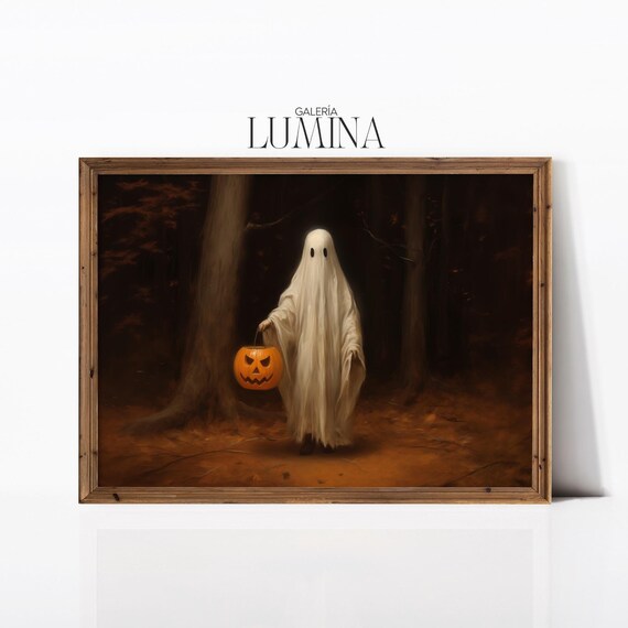 Ghost with Pumpkin Bucket Dark Forest Halloween Painting Poster