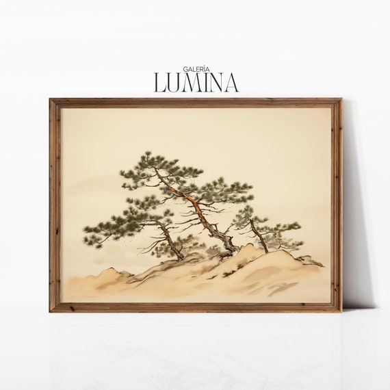 Pine Trees Watercolor Drawing Traditional Japanese Painting Antique Minimalist Pine Tree Painting Art Frame Tv Art 583