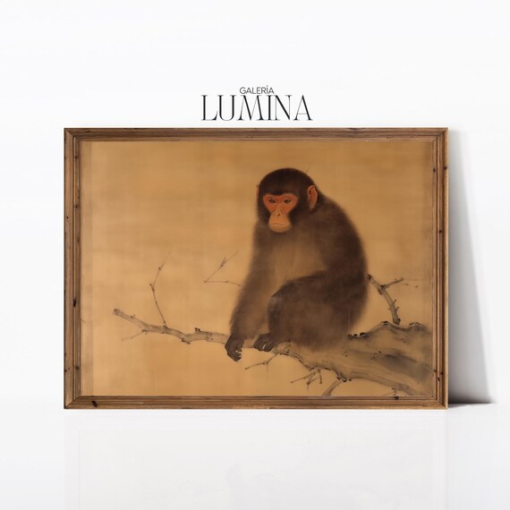 Japanese Snow Monkey Sitting On Branch Antique Asian Painting Poster