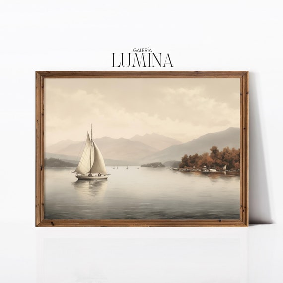 Vintage Neutral Sailboat Painting Muted Small Boats On Lake Painting Adirondack Mountains Landscape Art Frame Tv Art 580