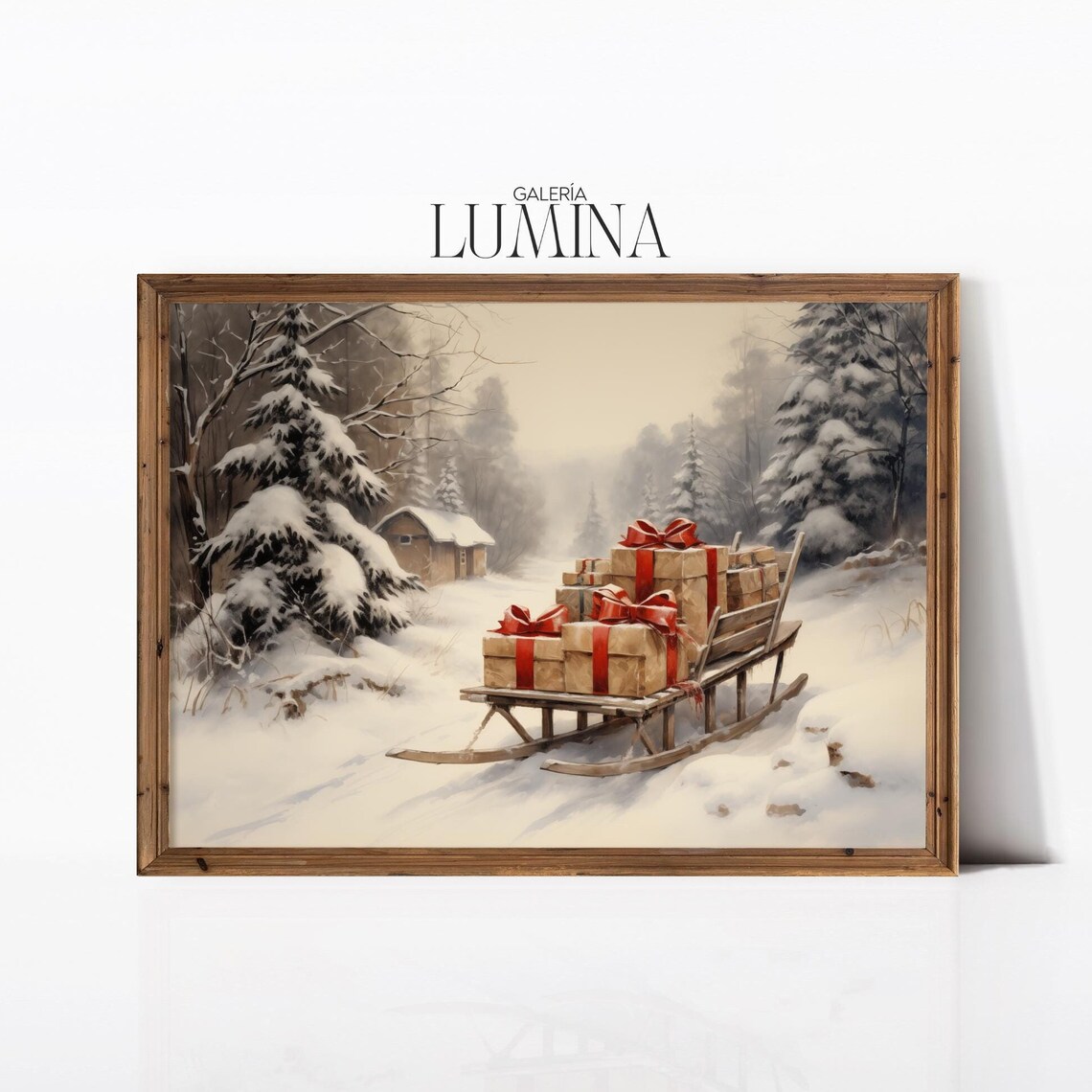 Gift Laden Wooden Sled in Snow Christmas Cabin Scene Art Poster