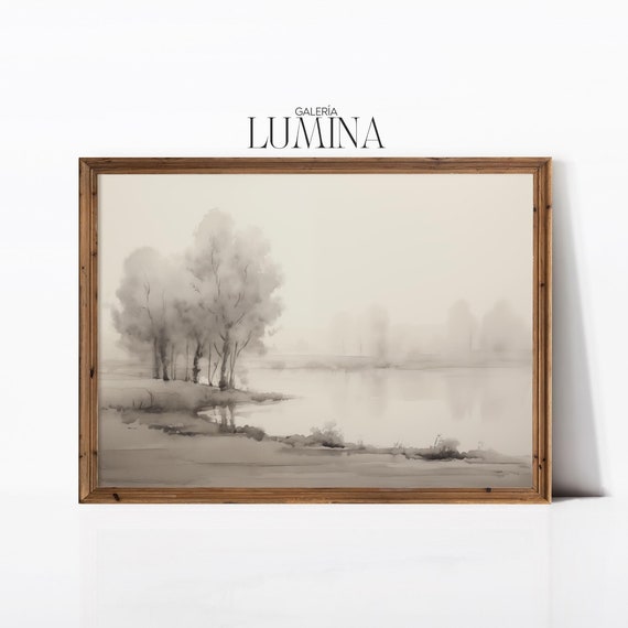 Trees Landscape Minimalist Drawing Foggy Landscape Sketch Vintage Landscape Grey Watercolor Painting Art Frame Tv Art 480