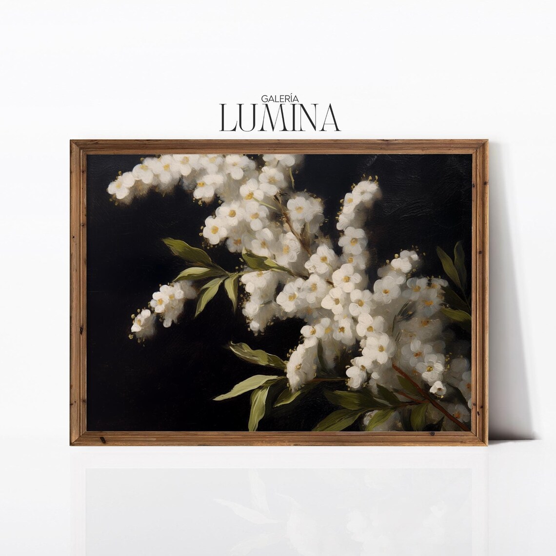 White Bridal Wreath Spirea Blossoms Dark Moody Floral Poster